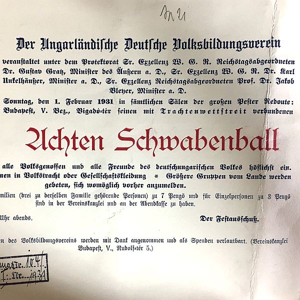 Historische Einladung des Ungarnländischen deutschen Volksbildungsvereins zum Schwabenball