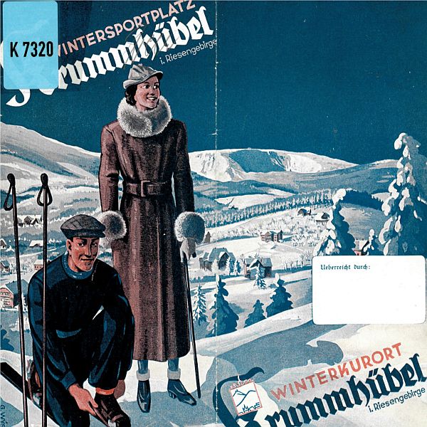 Historisches Tourismusprospekt: "Wintersportplatz Krummhübel i. Riesengebirge", mit Winterlandschaft und zwei Personen 